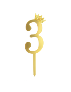Party Taarttopper Cijfer 3 met Kroon - Spiegel Goud