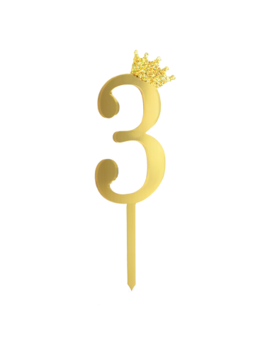 Party Taarttopper Cijfer 3 met Kroon - Spiegel Goud