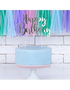 PartyDeco Taarttopper Happy Brithday Zilver 2