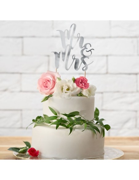 PartyDeco Taarttopper Mr&Mrs Zilver