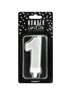 PartyDeco Kaars Nummer 1 - Zilver 2