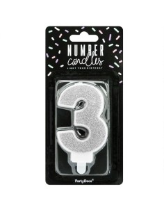 PartyDeco Kaars Nummer 3 - Zilver 2