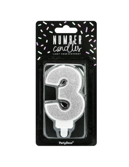 PartyDeco Kaars Nummer 3 - Zilver