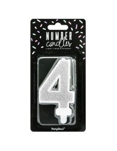 PartyDeco Kaars Nummer 4 - Zilver 2
