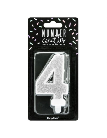 PartyDeco Kaars Nummer 4 - Zilver