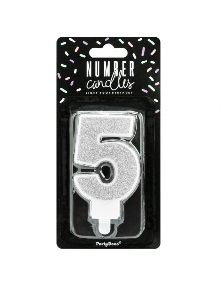 PartyDeco Kaars Nummer 5 - Zilver