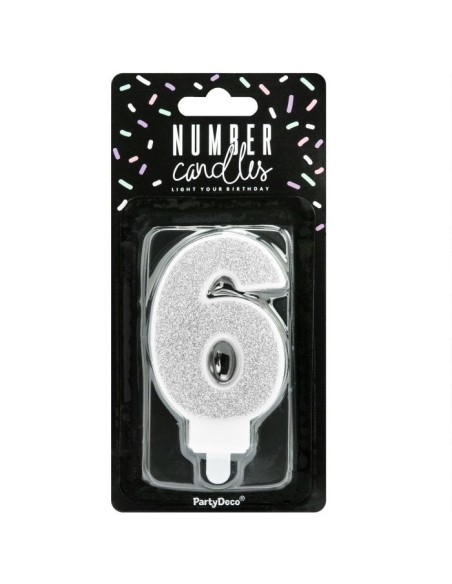 PartyDeco Kaars Nummer 6 - Zilver