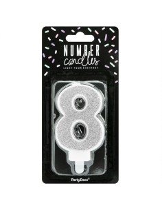 PartyDeco Kaars Nummer 8 - Zilver 2