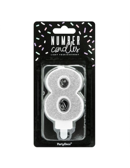 PartyDeco Kaars Nummer 8 - Zilver