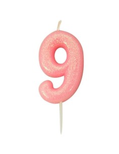 Glitter Kaars Roze Nummer 9 -oud model- //