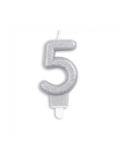 Glitter Kaars Zilver Nummer 5 //