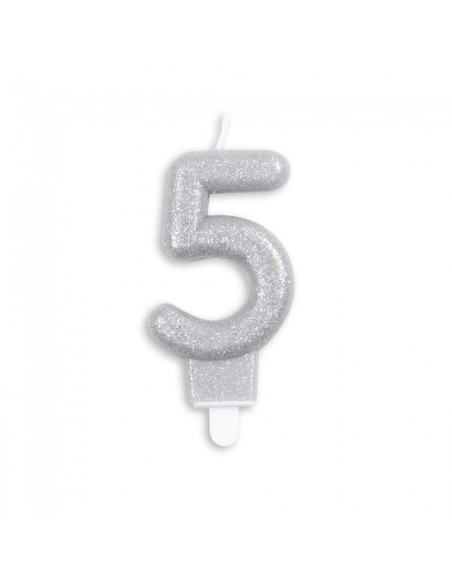 Glitter Kaars Zilver Nummer 5 //