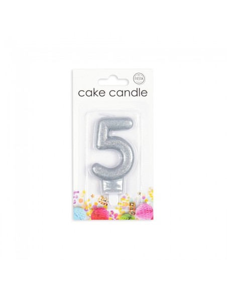 Glitter Kaars Zilver Nummer 5 //