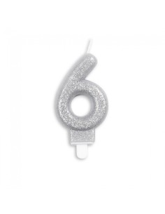 Glitter Kaars Zilver Nummer 6 //