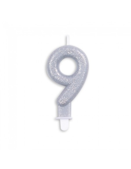 Glitter Kaars Zilver Nummer 9 //