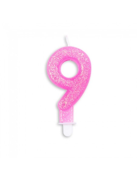Glitter Kaars Roze Nummer 9 //