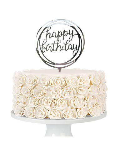 Taarttopper Happy Birthday Rond - Spiegel Zilver
