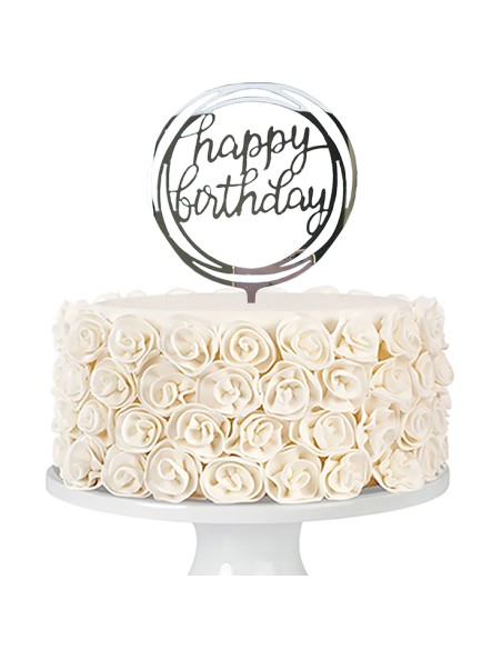 Taarttopper Happy Birthday Rond - Spiegel Zilver