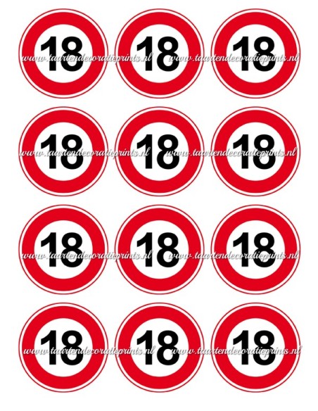 Eetbare Print Verkeersbord 18 jaar Cupcakes - 6cm