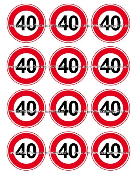 Eetbare Print Verkeersbord 40 jaar Cupcakes - 6cm