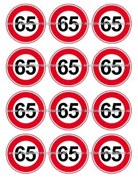 Eetbare Print Verkeersbord 65 jaar Cupcakes - 6cm