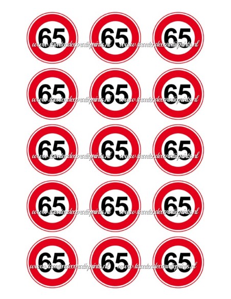 Eetbare Print Verkeersbord 65 jaar Cupcakes - 5cm
