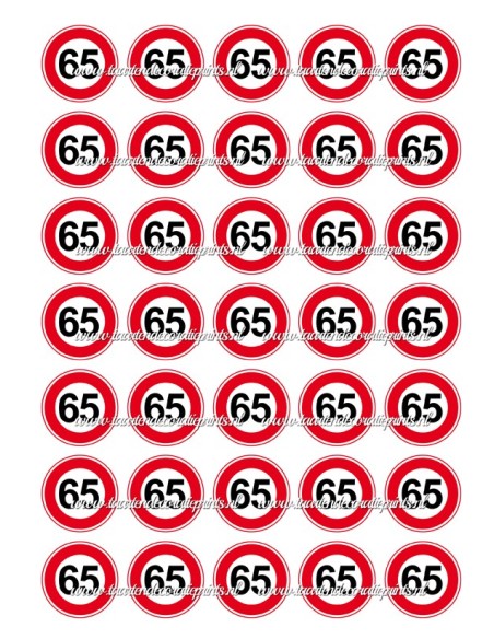 Eetbare Print Verkeersbord 65 jaar Mini Cupcakes - 3,5cm