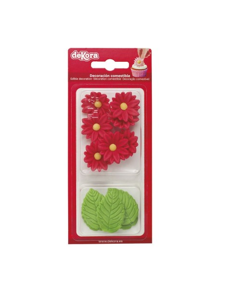 Dekora Suikerbloemen Margriet Rood & Blad Groen -12st-