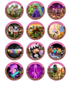 Eetbare Print Minecraft Cupcakes Pink - 6cm